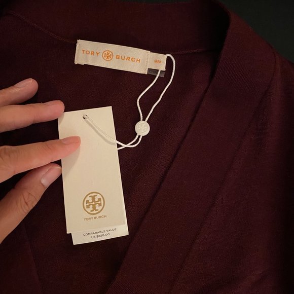 TORY BURCH SIMONE V-NECK CARDIGAN CLARET SIZE M - Picture 3 of 6